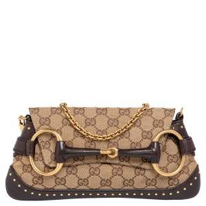 Pre Owned Gucci Brown/Beige GG Canvas Horsebit Chain Clutch