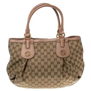مملوكة مسبقًا Gucci Beige/Pink GG Canvas and Leather Medium Scarlett Stud Interlocking Hobo
