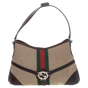 مملوكة مسبقًا Gucci Brown/Beige Perforated Leather And Canvas Reins Hobo