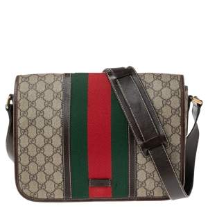 Pre Owned Gucci Beige/Brown GG Supreme Canvas and Leather Web Messenger Bag