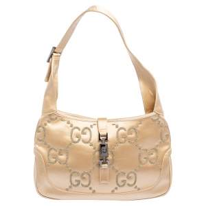 Pre Owned Gucci Beige GG Embroidered Satin Vintage Jackie Hobo