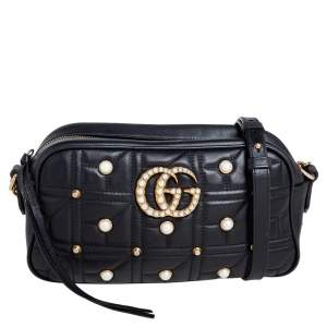Gucci Black Quilted Leather Small Studs and Pearl Embellished GG Marmont Crossbody Bag