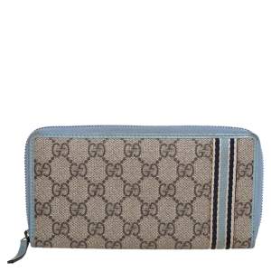 Gucci Beige/Blue GG Supreme Canvas and Leather Zip Around Wallet