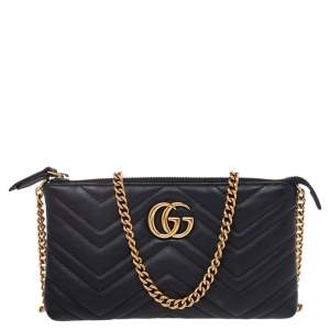 Pre Owned Gucci Black Matelasse Leather GG Marmont Chain Shoulder Bag