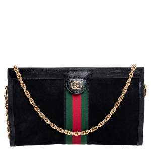 Pre Owned Gucci Black Suede and Patent Leather Medium Ophidia Chain Shoulder Bag