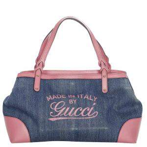 Gucci Blue/Pink Denim Vintage Craft Tote Bag