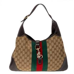 Pre Owned Gucci Beige/Brown GG Canvas And Leather Jackie Bouvier Web Hobo