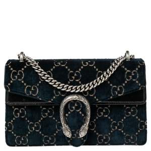 Pre Owned Gucci Blue/Black GG Velvet and Patent Leather Small Dionysus Shoulder Bag