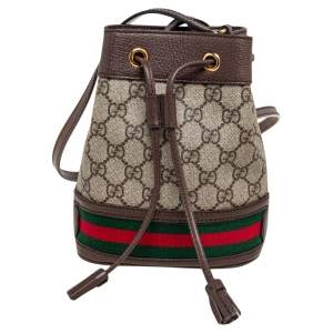 Pre Owned Gucci Beige/Ebony GG Supreme Coated Canvas and Leather Mini Ophidia Bucket Bag 