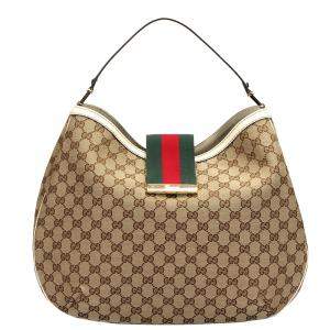 Gucci Brown/Beige Canvas Fabric Leather New Ladies Web Hobo Bag 