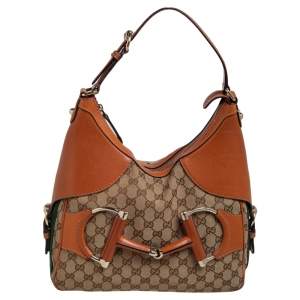 Pre Owned Gucci Brown/Beige GG Canvas and Leather Horsebit Heritage Hobo