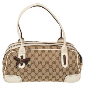 Pre Owned Gucci Beige/Off White GG Canvas and Leather Princy Boston Bag