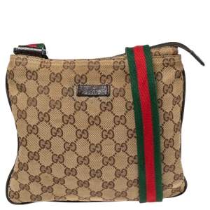 Pre Owned Gucci Beige/Brown GG Canvas And Leather Small Flat Web Messenger Bag