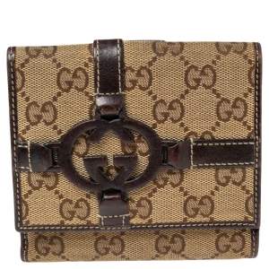 Pre Owned Gucci Brown/Beige GG Canvas and Leather Interlocking G French Wallet