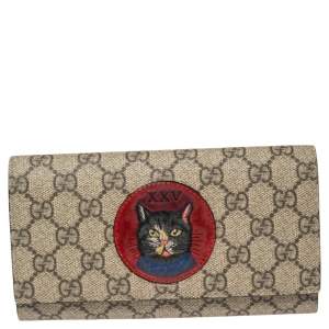 Gucci Beige/Red GG Supreme Canvas and Leather Mystic Cat Continental Wallet