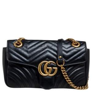 مملوكة مسبقًا Gucci Black Matelassé Leather Small GG Marmont Shoulder Bag