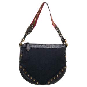 Pre Owned Gucci Black GG Canvas and Leather Small Studded Pelham Hobo