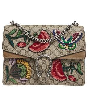 Pre Owned Gucci Beige/Ebony GG Supreme Canvas and Suede Medium Embroidered Butterfly/Flowers Dionysus Shoulder Bag