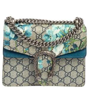 Pre Owned Gucci Blue/Beige GG Supreme Blooms Canvas and Suede Mini Dionysus Shoulder Bag