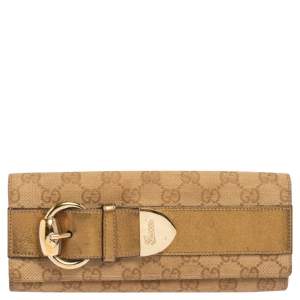 Gucci Beige Guccissima Canvas and Gold Leather Buckle Continental Wallet