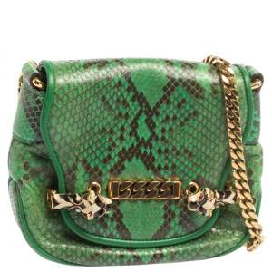 Pre Owned Gucci Green Python Tigrette Chain Shoulder Bag