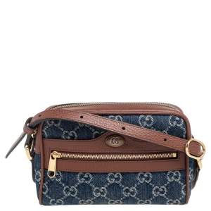 Pre Owned Gucci Blue/Tan GG Denim and Leather Mini Ophidia Crossbody Bag   