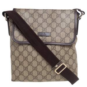 Pre Owned Gucci Brown/Beige GG Supreme Canvas and Leather Flap Messenger Bag