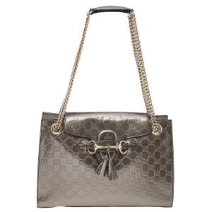 Pre Owned Gucci Metallic Grey Guccissima Leather Large Emily Chain Shoulder Bag