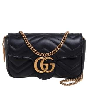 Gucci Black Matelasse Leather Super Mini GG Marmont Shoulder Bag