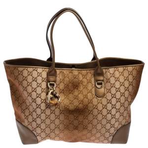 Pre Owned Gucci Bronze/Beige GG Shimmer Canvas and Leather Medium Heart Bit Charm Tote