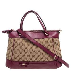 Gucci Beige/Burgundy GG Canvas and Leather Medium Mayfair Bow Tote