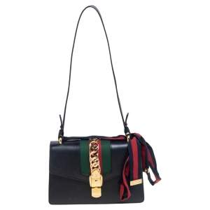 Pre Owned Gucci Black Leather Small Web Chain Sylvie Shoulder Bag