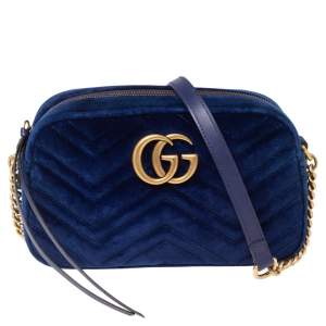 Gucci Blue Matelassé Velvet Small GG Marmont Camera Crossbody Bag