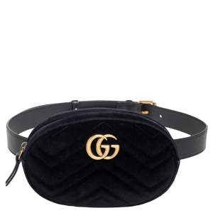 Pre Owned Gucci Black Matelasse Velvet and Leather GG Marmont Belt Bag