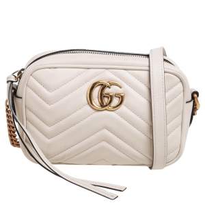 Pre Owned Gucci Cream Matelassé Leather Mini GG Marmont Camera Bag