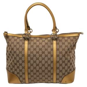 Pre Owned Gucci Gold/Beige GG Canvas and Leather Tote 
