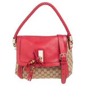 Gucci Beige/Red Canvas And Leather Flap Bella Shoulder Bag