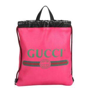 Pre Owned Gucci Pink Logo Drawstring Leather Backpack 