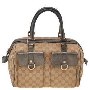 Pre Owned Gucci Beige/Brown GG Canvas And Leather Pocket Satchel
