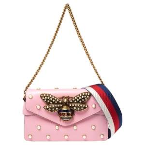 Gucci Pink Leather Broadway Pearly Bee Shoulder Bag