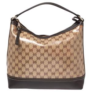 Pre Owned Gucci Brown/Beige GG Crystal Canvas and Leather Hobo