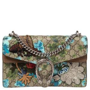 Pre Owned Gucci Beige/Blue GG Blooms Supreme Canvas Embroidered Bird/Flowers Small Dionysus Shoulder Bag