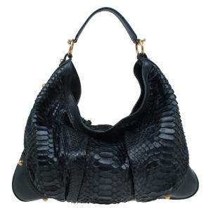 Pre Owned Gucci Black Python and Leather Large Jockey Hobo