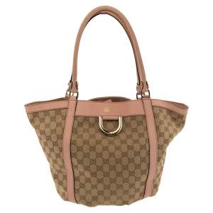 Gucci Pink-Beige Canvas And Leather D-Ring Tote