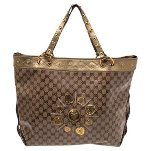 Pre Owned Gucci Gold/Beige GG Crystal Coated Canvas And Leather Studded Irina Tote