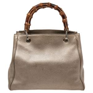 Gucci Metallic Gold Leather Bamboo Top Handle Shopper Tote