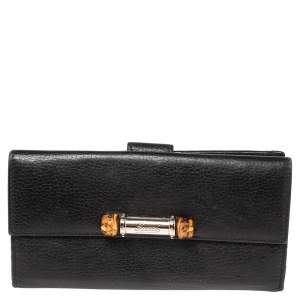 Gucci Black Leather Flap Bamboo Continental Wallet