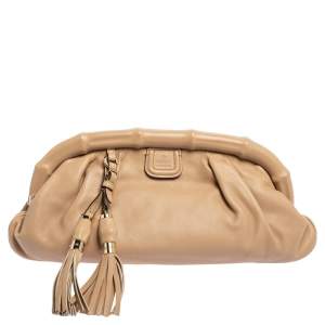 Pre Owned Gucci Beige Leather Bamboo Frame Tassel Clutch