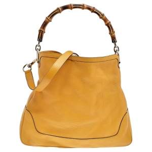 Pre Owned Gucci Yellow Leather Diana Bamboo Handle Shoulder Bag
