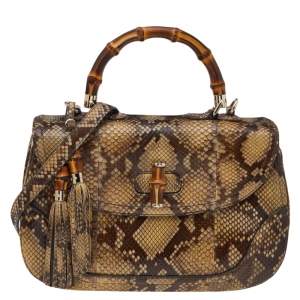 Pre Owned Gucci Brown Python New Bamboo Top Handle Bag